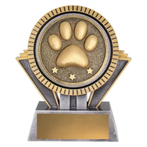 Small antique gold and silver dog paw trophy with star detail and engraving plate on base