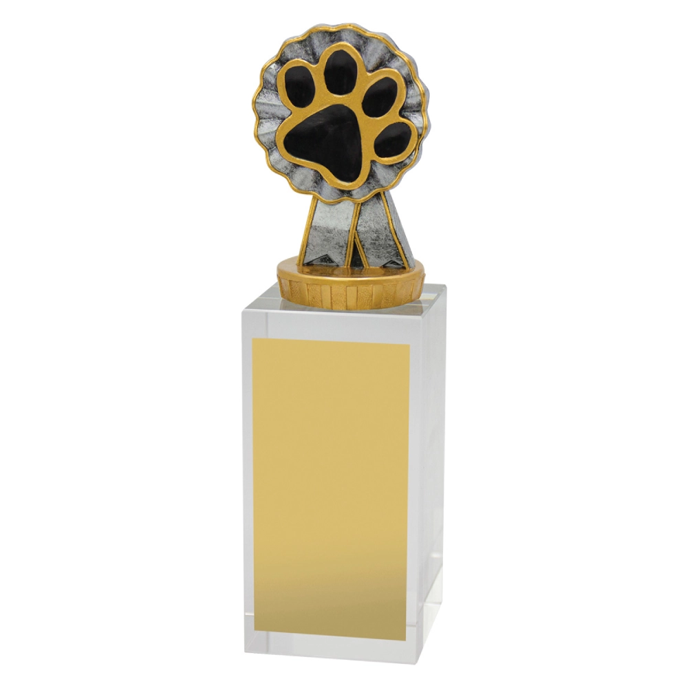 Large dog paw trophy with gold and silver top mounted on clear crystal base with engraving plate