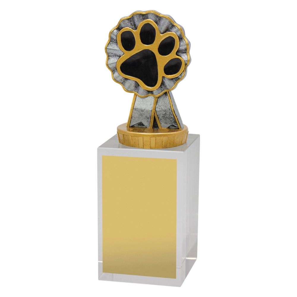 Medium dog paw trophy with gold and silver top mounted on clear crystal base with engraving plate
