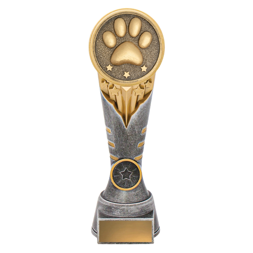 Extra large gold and silver resin dog trophy with paw print top and column base design