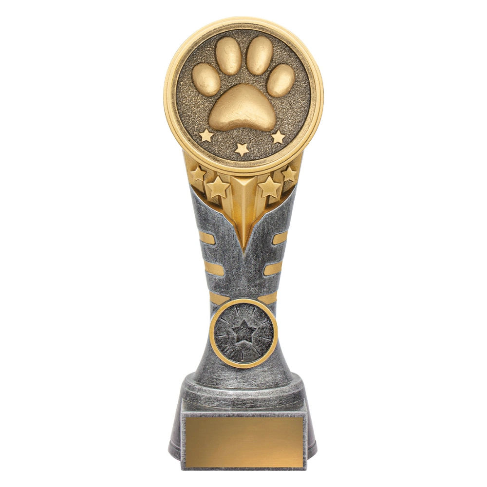 Large gold and silver resin dog trophy with paw print top and column base design