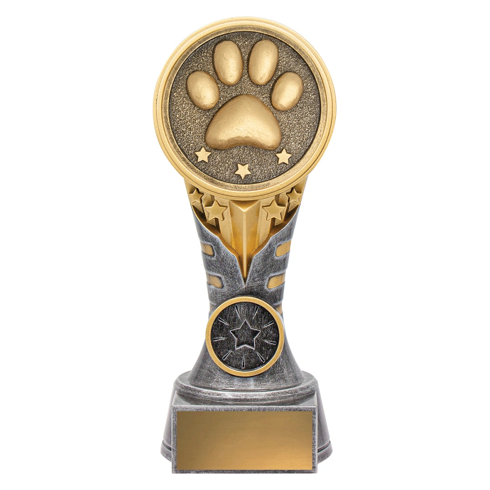Medium gold and silver resin dog trophy with paw print top and column base design
