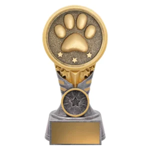 Small gold and silver resin dog trophy with paw print top and column base design