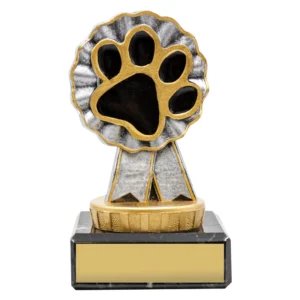 Small dog paw trophy with gold and silver paw top mounted on clear block base with engraving plate