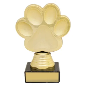 Small gold dog paw trophy figure mounted on black marble base
