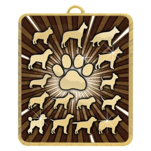 Dog show medal with central paw print and multiple dog breed silhouettes on sunburst background in gold square design
