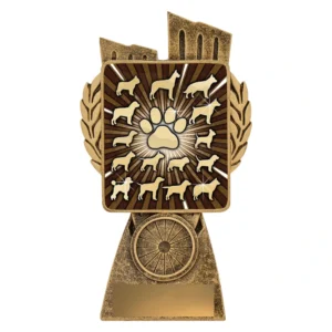 Small gold resin dog show trophy with laurel wings and square panel featuring paw print and dog breed silhouettes design