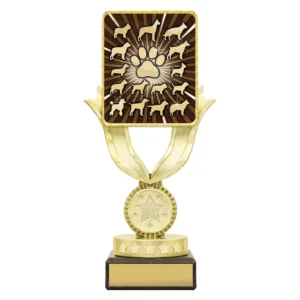 Small gold dog show trophy with square panel featuring paw print and multiple dog breed silhouettes design