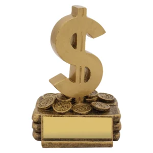 Gold dollar sign finance trophy with coin base and blank engraving plate