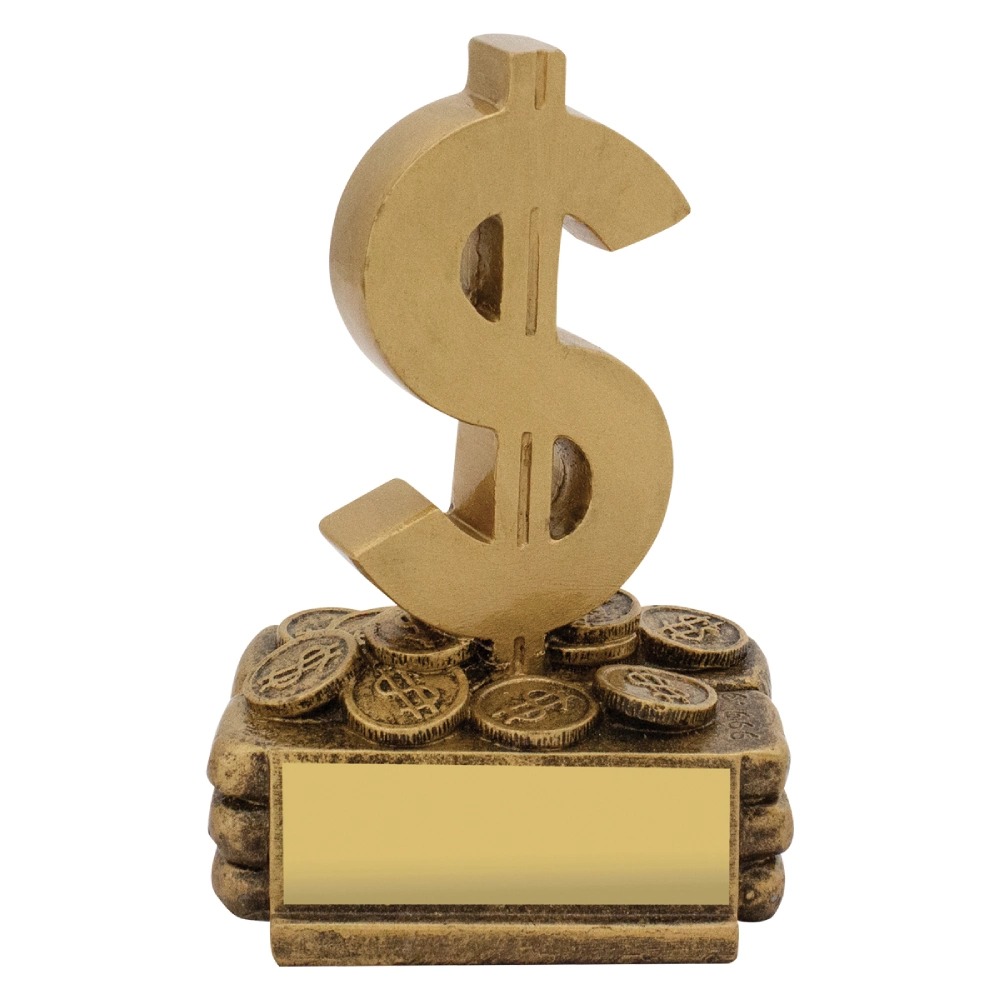 Gold dollar sign finance trophy with coin base and blank engraving plate