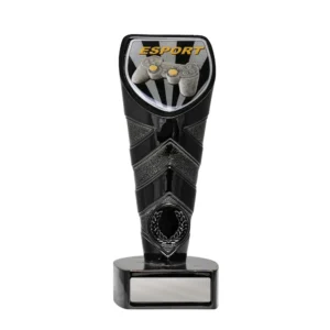 Medium esport trophy with controller shield design on black column base and engraving plate