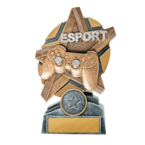 Small esport trophy with gaming controller and star design in bronze and silver on base with engraving plate