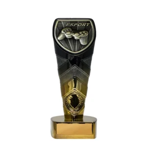 Medium esport trophy with gaming controller design on black and gold column base with engraving plate