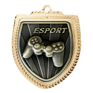 Gold esport shield medal with controller design and textured border