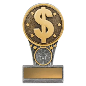 Finance trophy with gold dollar coin emblem, star details, and blank engraving plate