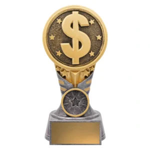 Small finance trophy with gold dollar emblem, star details, and blank engraving plate