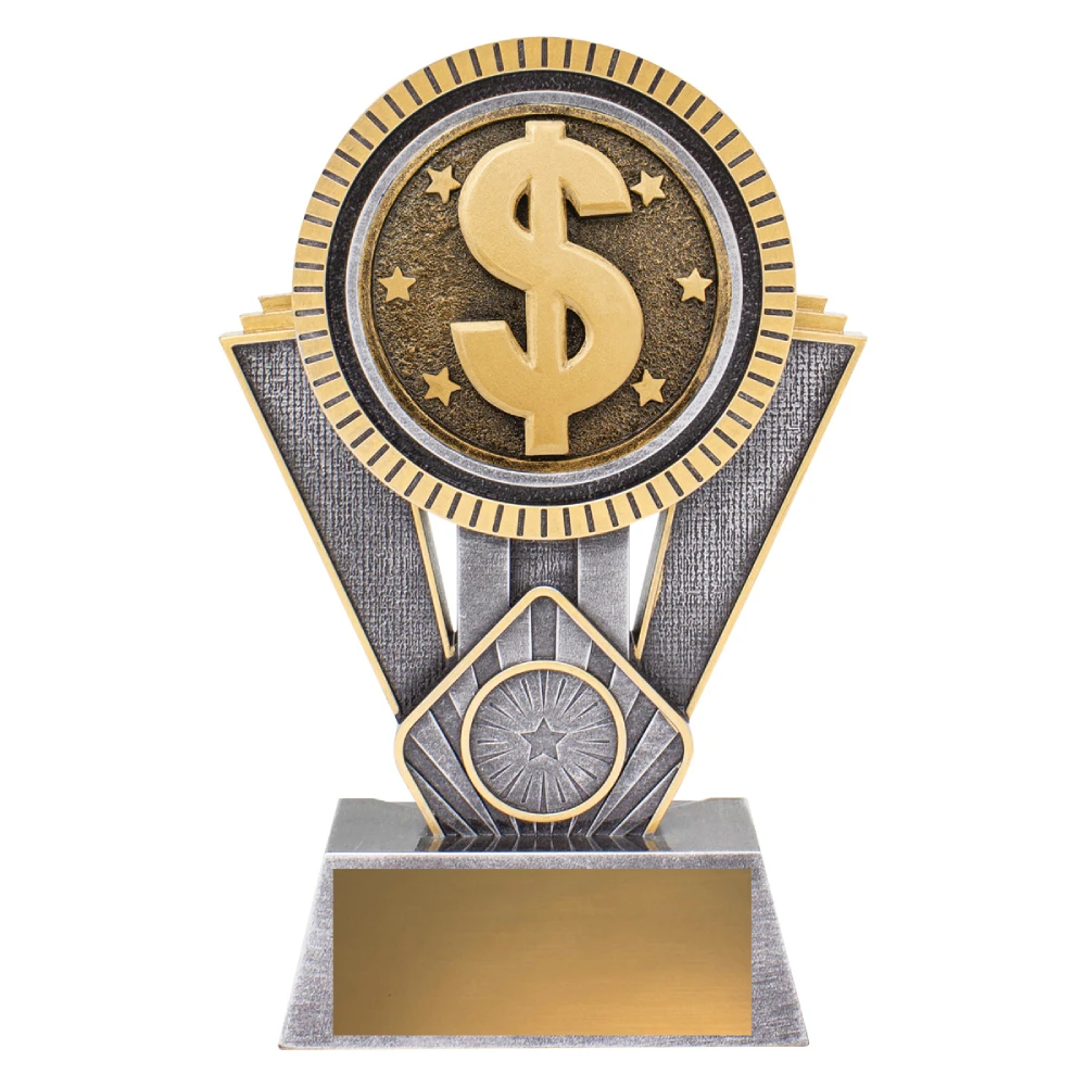 Large finance trophy with gold dollar medallion, silver base, and blank engraving plate