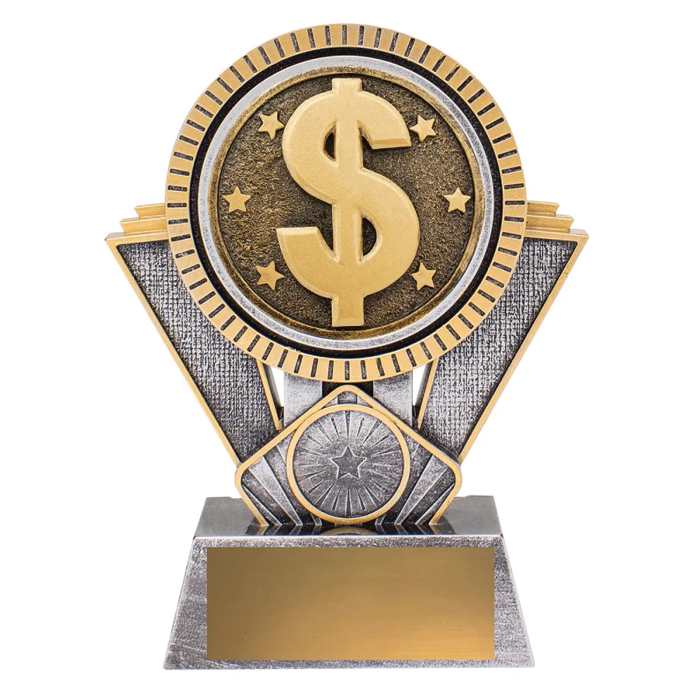 Medium finance trophy with gold dollar medallion, silver base, and blank engraving plate