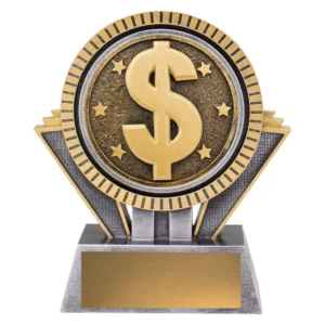 Small finance trophy with gold dollar medallion, silver base, and blank engraving plate