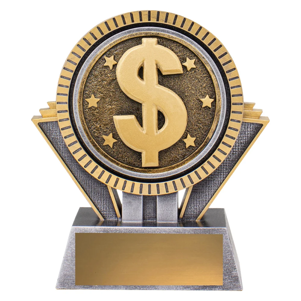 Small finance trophy with gold dollar medallion, silver base, and blank engraving plate