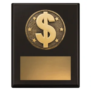 Small black plaque award with gold dollar emblem and blank engraving plate