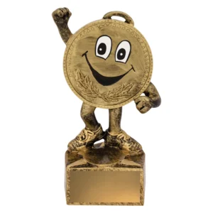 Fun run trophy with smiling medal character holding up one arm on base with engraving plate