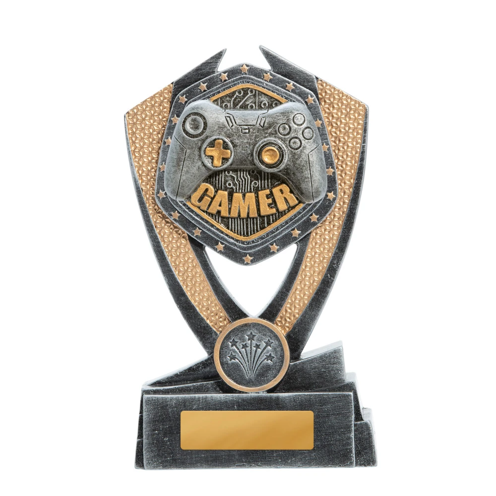 Large gamer trophy with gaming controller on shield design in silver and gold with engraving plate