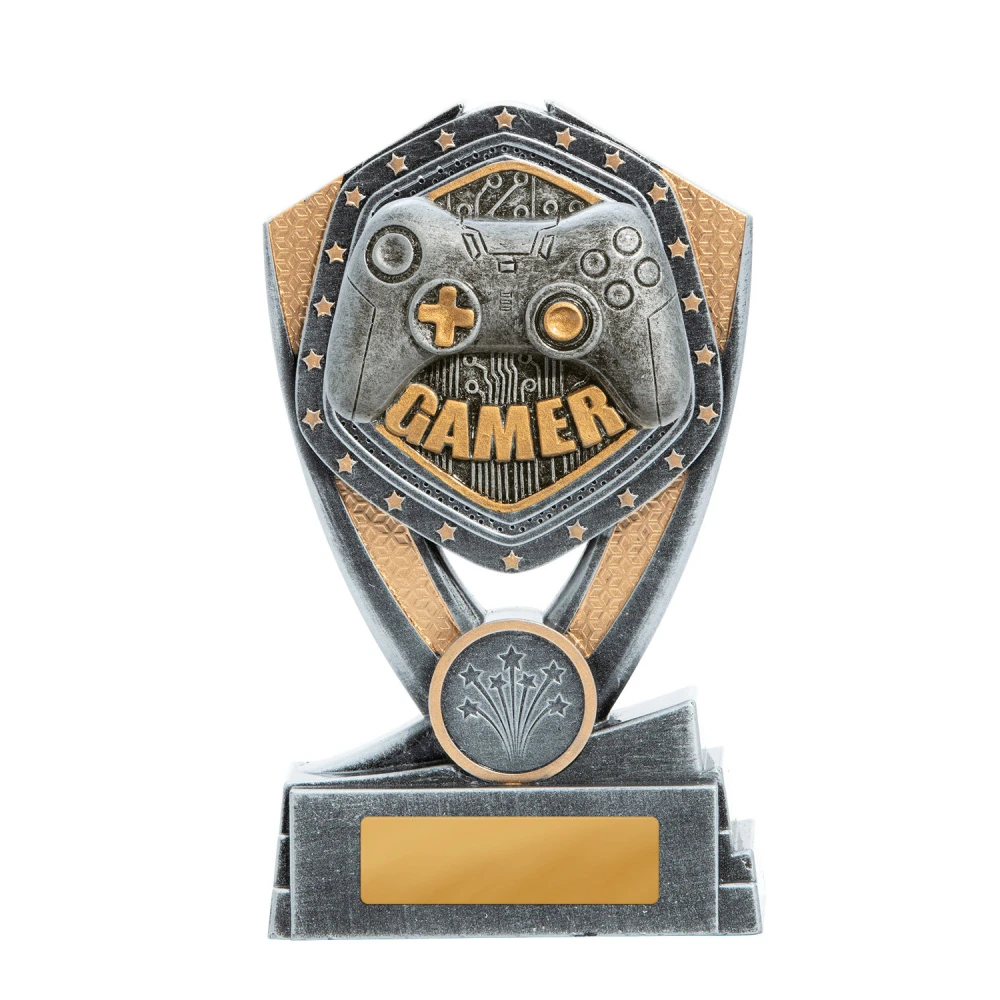 Medium gamer trophy with gaming controller on shield design in silver and gold with engraving plate