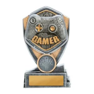Small gamer trophy with gaming controller on shield design in silver and gold with engraving plate