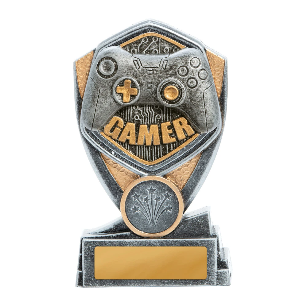 Small gamer trophy with gaming controller on shield design in silver and gold with engraving plate