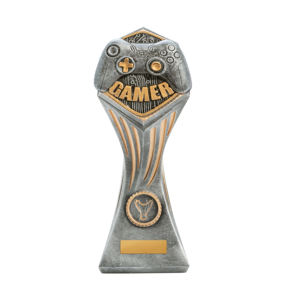 Extra large gamer trophy with gaming controller design on silver and gold column base with engraving plate