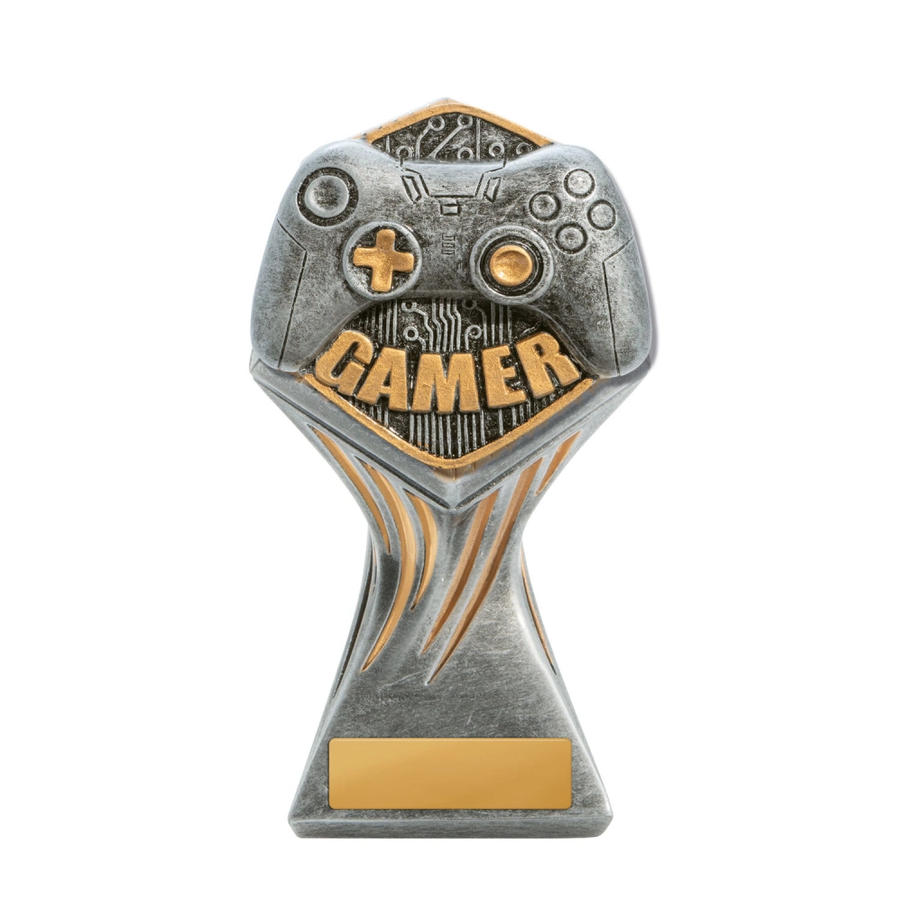 Extra small gamer trophy with gaming controller design on silver and gold column base with engraving plate