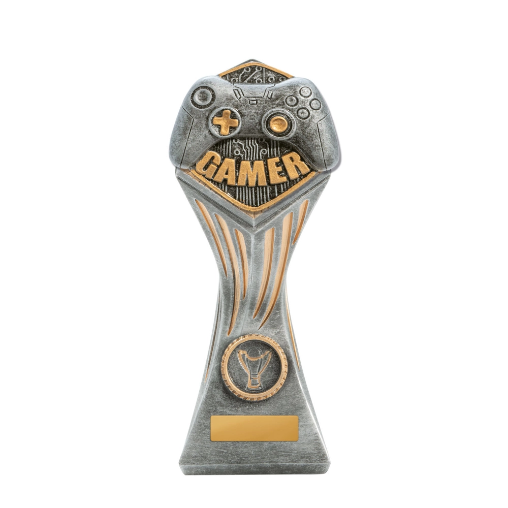 Large gamer trophy with gaming controller design on silver and gold column base with engraving plate