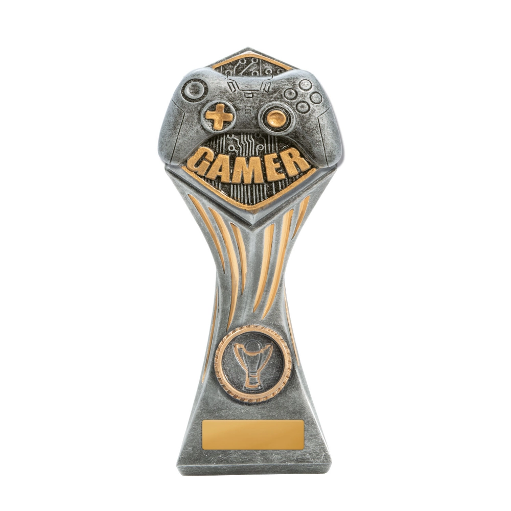 Medium gamer trophy with gaming controller design on silver and gold column base with engraving plate