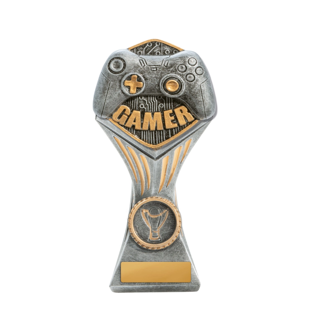 Small gamer trophy with gaming controller design on silver and gold column base with engraving plate