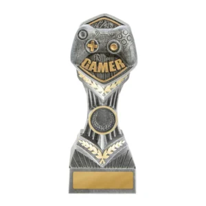 Medium gamer trophy with gaming controller design and laurel detail on silver and gold base with engraving plate