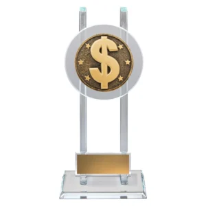 Clear glass finance award with gold dollar emblem and blank engraving plate