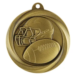 Gold American football medal with helmet and ball design, classic round style with raised detail