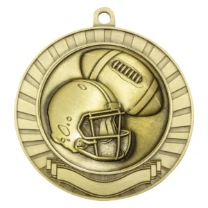Gold American football medal with helmet and ball design, round shape, and engraving panel