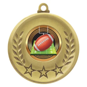 Gold American football medal with insert centre, laurel wreath design, and stars detail
