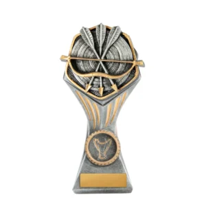 Medium silver and gold resin archery trophy with bow, arrows and target detail on fluted column base with engraving plate