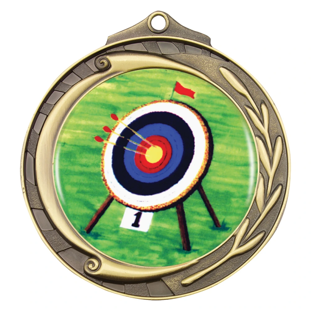 Gold archery medal with target insert, curved laurel detail and ribbon loop