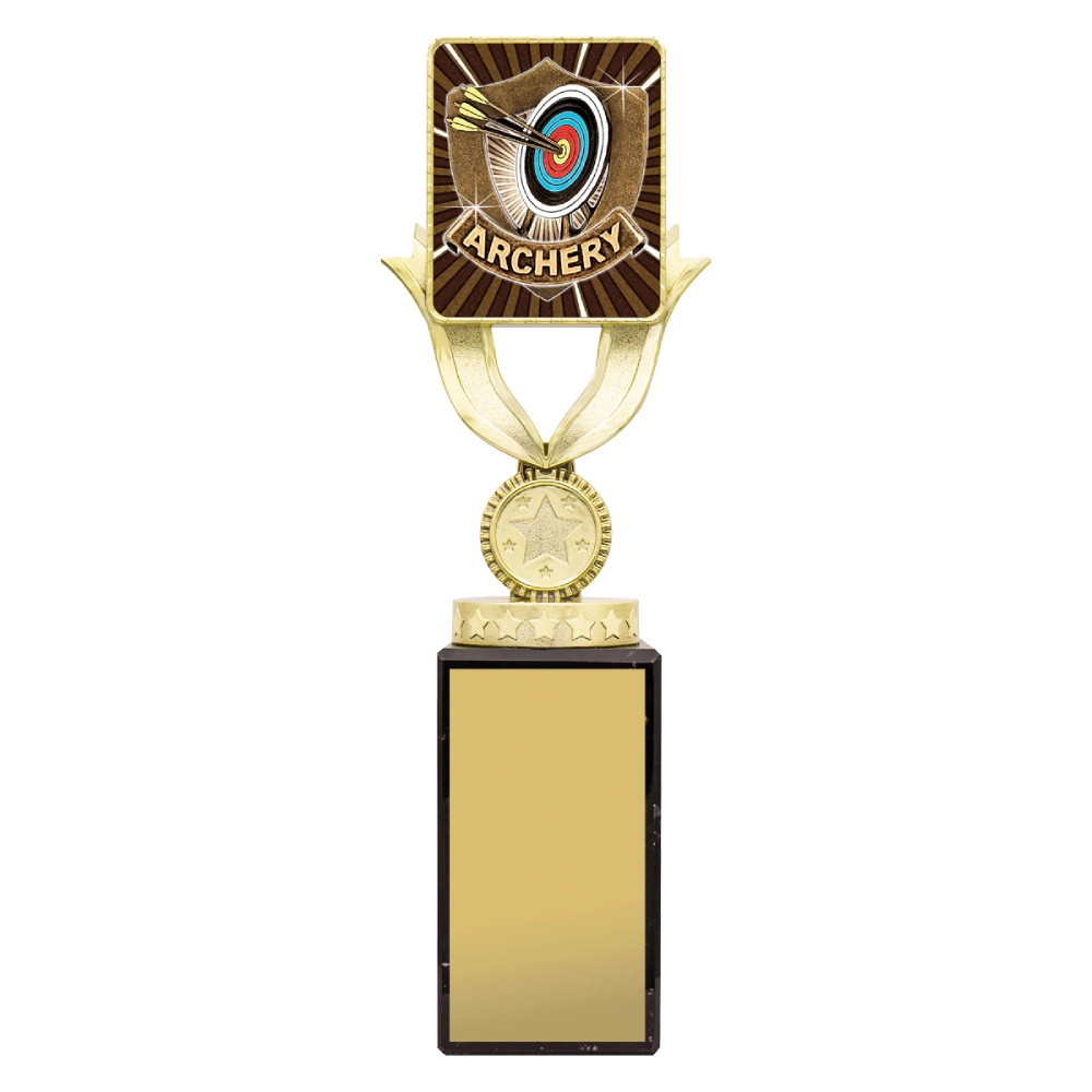 Extra large gold plastic archery trophy with target and arrows insert top, star detail and engraving plate on black marble base