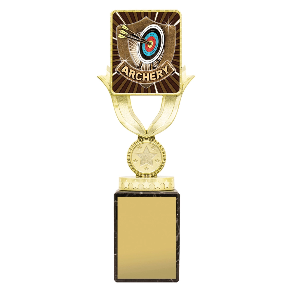 Large gold plastic archery trophy with target and arrows insert top, star detail and engraving plate on black marble base