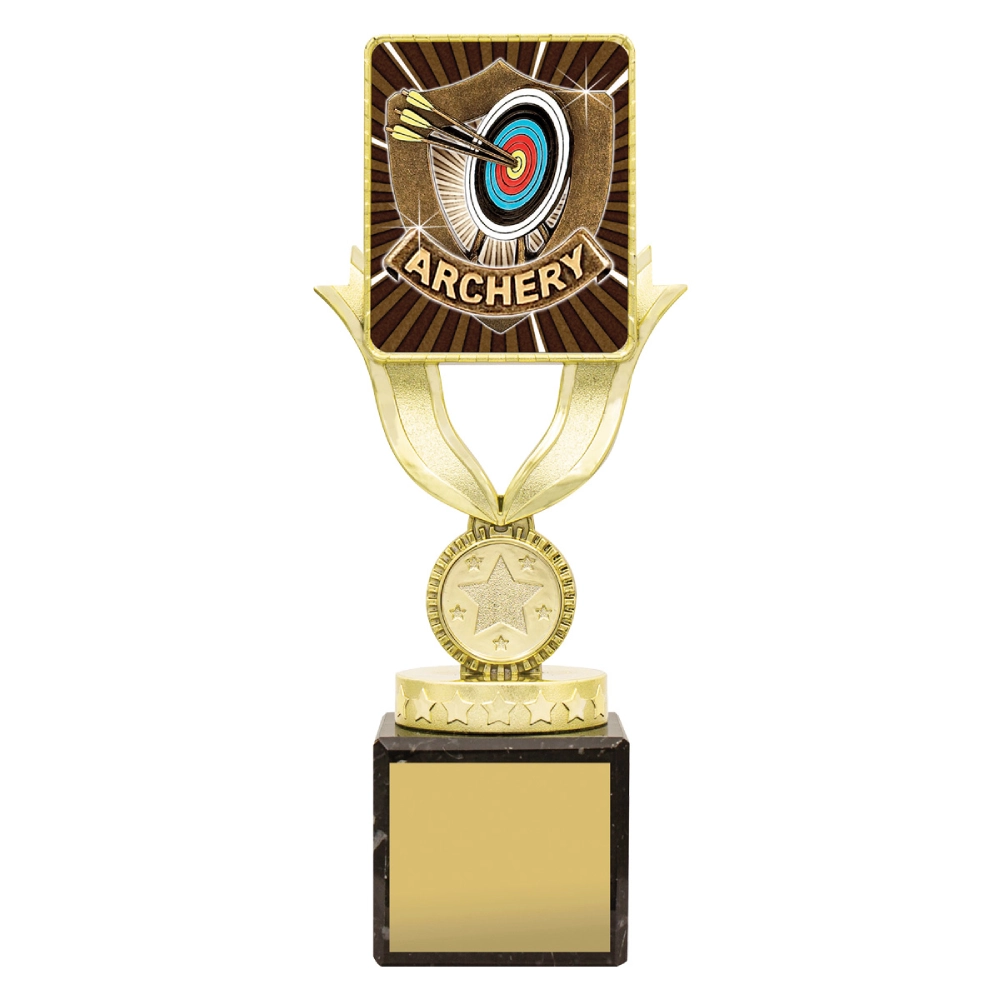 Medium gold plastic archery trophy with target and arrows insert top, star detail and engraving plate on black marble base