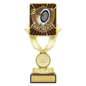 Small gold plastic archery trophy with target and arrows insert top, star detail and engraving plate on black marble base