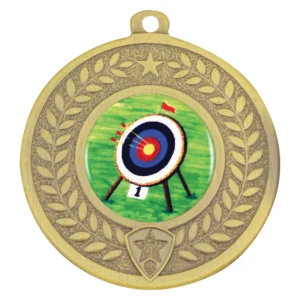 Gold archery medal with target insert centre, laurel wreath border and ribbon loop