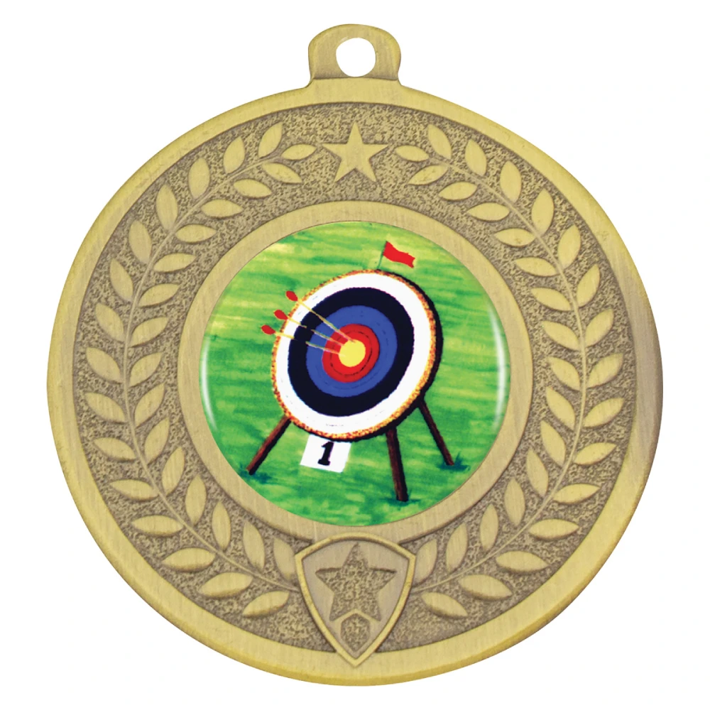Gold archery medal with target insert centre, laurel wreath border and ribbon loop
