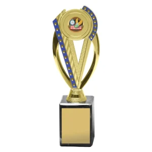Gold athletics trophy with V shape design, blue trim and track and field logo insert on black marble base with engraving plate
