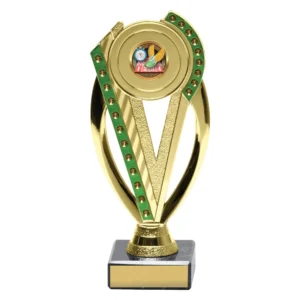 Gold athletics trophy with V shape design, green trim and track and field logo insert on black marble base with engraving plate